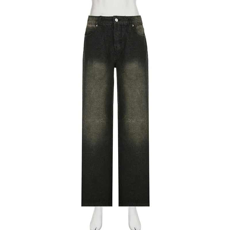Low Waist Jeans for Women Goth Y2k Style Baggy Jeans Punk New Jeans Wide Leg Denim Pants Kpop Casual Loose Streetwear