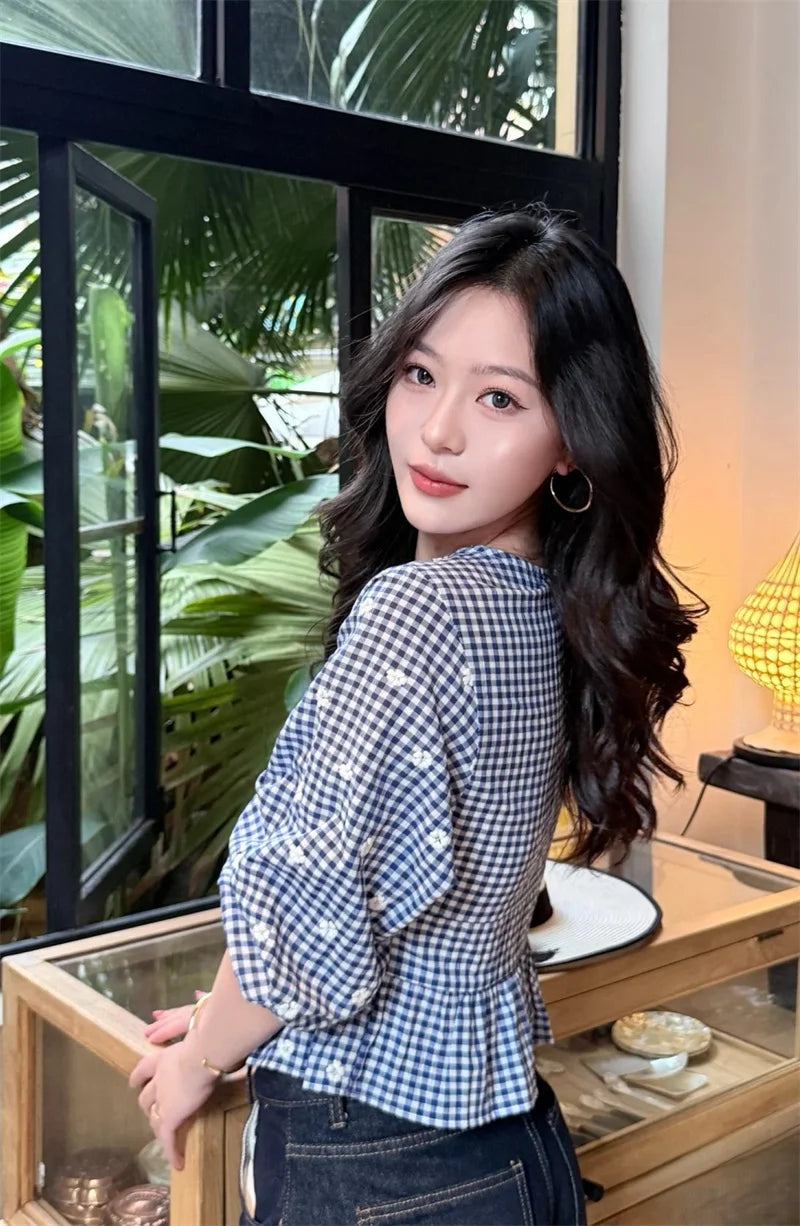 Women's Tops New Summer 2025 Small Check Tops Embroidered Trims Sexy Deep V-Neck Casual Fashion Versatile Personality