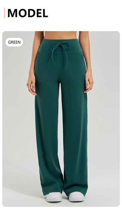 Women's High Waist Yoga Pants Gym Loose Running Yoga Pants Double Side Brushed with Pockets Pants Ties