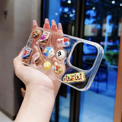 Super Cute M beans chocolate Phone Case for iPhone 16 15 14 13 12 11 Pro Max Cases Silicone Cover Transparent 3D Cartoon Funda