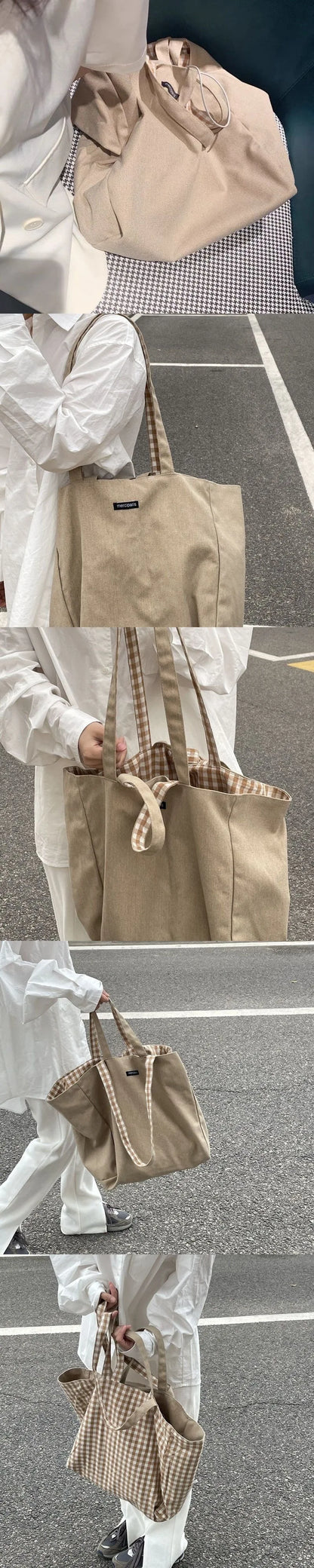 Women Canvas Shoulder Bags Plaid Double-side Large Capacity Handbags Female Shopping Portable Lazy All-match Foldable Tote Bag