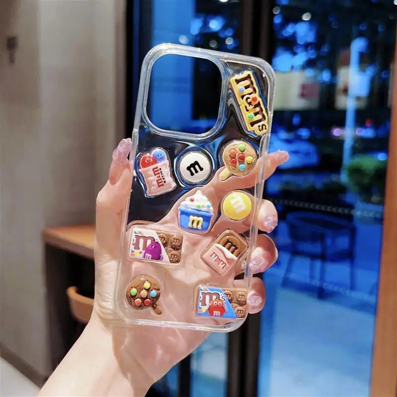 Super Cute M beans chocolate Phone Case for iPhone 16 15 14 13 12 11 Pro Max Cases Silicone Cover Transparent 3D Cartoon Funda