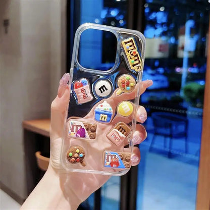 Super Cute M beans chocolate Phone Case for iPhone 16 15 14 13 12 11 Pro Max Cases Silicone Cover Transparent 3D Cartoon Funda