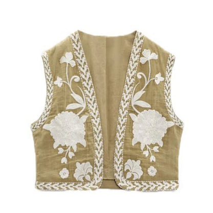 Women Vintage Embroidered Crop Vest Top Y2K Boho Floral Sleeveless Open Front Cardigan Flower Linen Vest Waistcoat Gilet Outwear