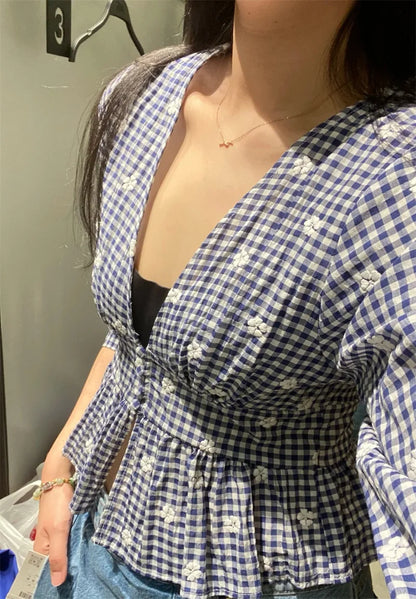 Women's Tops New Summer 2025 Small Check Tops Embroidered Trims Sexy Deep V-Neck Casual Fashion Versatile Personality