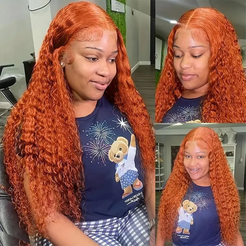 Ginger Water Wave Human Hair Wig 13x4 Lace Front Wigs For Women Brazilian Orange Color Deep Curly Wave Lace Front Human Hair Wig