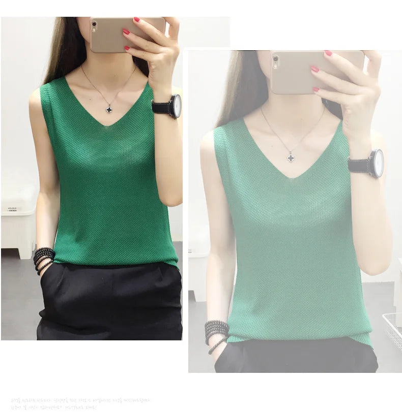 Top women Summer V Neck Hollow Knitted Vest Sleeveless Casual Tank Blusas Tops Sheer Mesh Patchwork T Shirt Bottom Camisole 2019