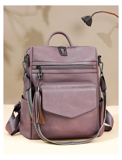 Backpack for Women Large Womens Backpack Leather Travel Fashion Purse Designer Ladies Shoulder Bags with Tassel Two-toned Brown