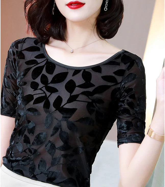 New Summer tops for Women Round neck Velvet burnt flower gauze t-shirt Short sleeve Women shirt