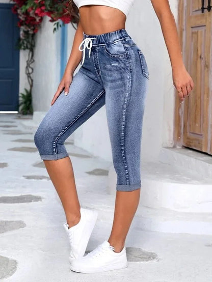 Cross-border New Foreign Trade Women Jeans Elastic Waist Drawstring High Waist Ripped Jeans High Elastic Denim Hot Pants