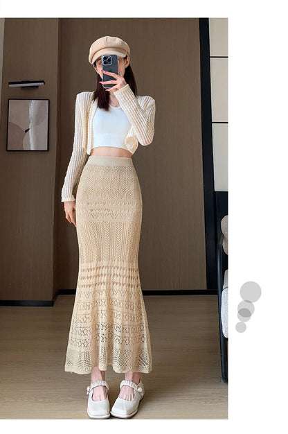 Skirts Women Trumpet High Waist Long Skirt Female Summer Elegant Knitted Hollow Out Fahison Skirt Bottom