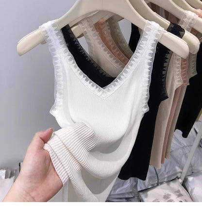 Women Summer Fashion Thin Knitted Undershirt Sleeveless Corset Top Half High Neck Comfortable Breathable Lace Tank Top 2025