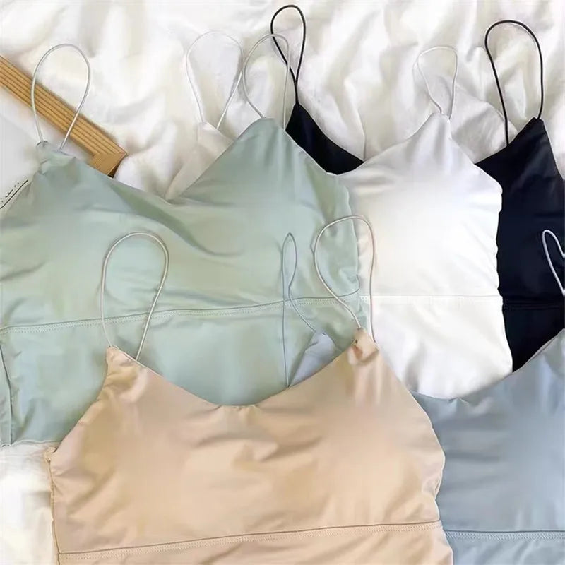 Sexy Women Crop Tops Ice Silk Summer Bra Sports Spaghetti Strap Vest Top Women Built In Bra Off Shoulder Sleeveless Camisole