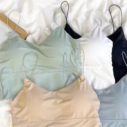Sexy Women Crop Tops Ice Silk Summer Bra Sports Spaghetti Strap Vest Top Women Built In Bra Off Shoulder Sleeveless Camisole