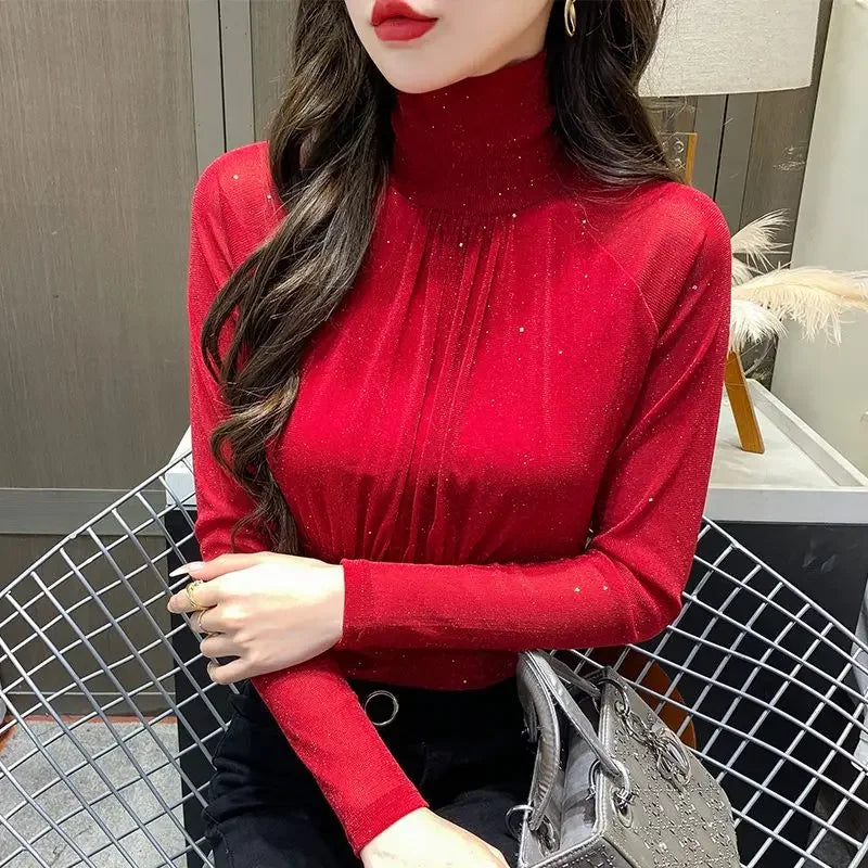 Tops Woman Autumn Winter Red Long Sleeve T Shirt for Women Rhinestone Turtleneck Glitter Sequin Cheap Clothes Elegant Clearance
