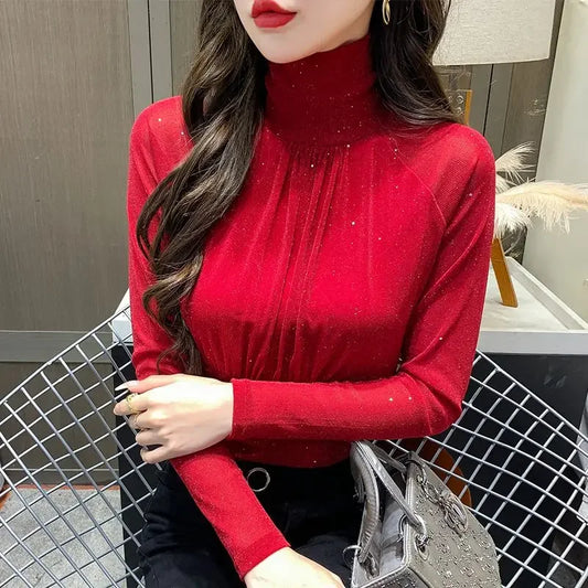 Tops Woman Autumn Winter Red Long Sleeve T Shirt for Women Rhinestone Turtleneck Glitter Sequin Cheap Clothes Elegant Clearance
