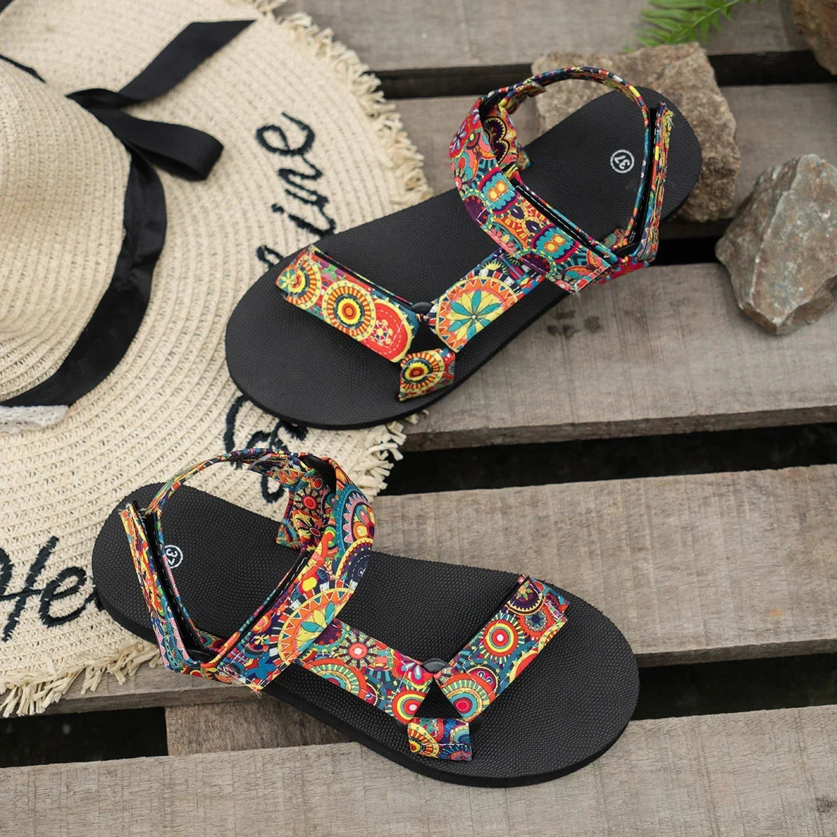 Women's Shoes 2025 Open Toe Women's Sandals Summer Bohemian Mixed Color Soft Sole Lightweight Casual Comfortable Flat Sandals