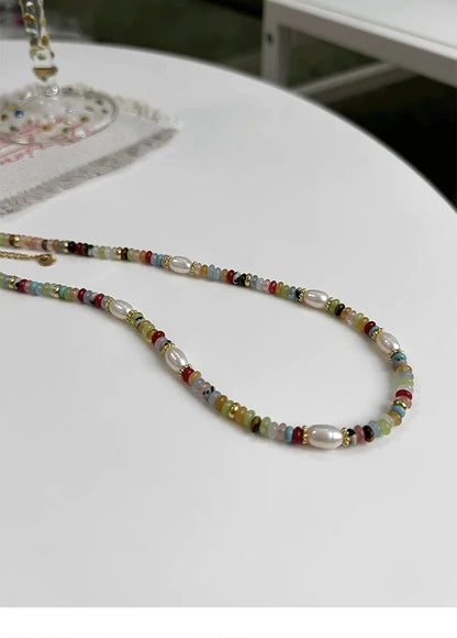 High Quality Colorful Beads Stone Natural Freshwater Pearl Necklaces For Women Retro Gold Color Clavicle Chain Jewelry Gifts