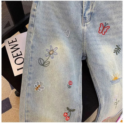 Vintage Embroidered Jeans Trousers For Women Summer 2025 New Korean Fashion High Waist Straight Retro Casual Denim Pants