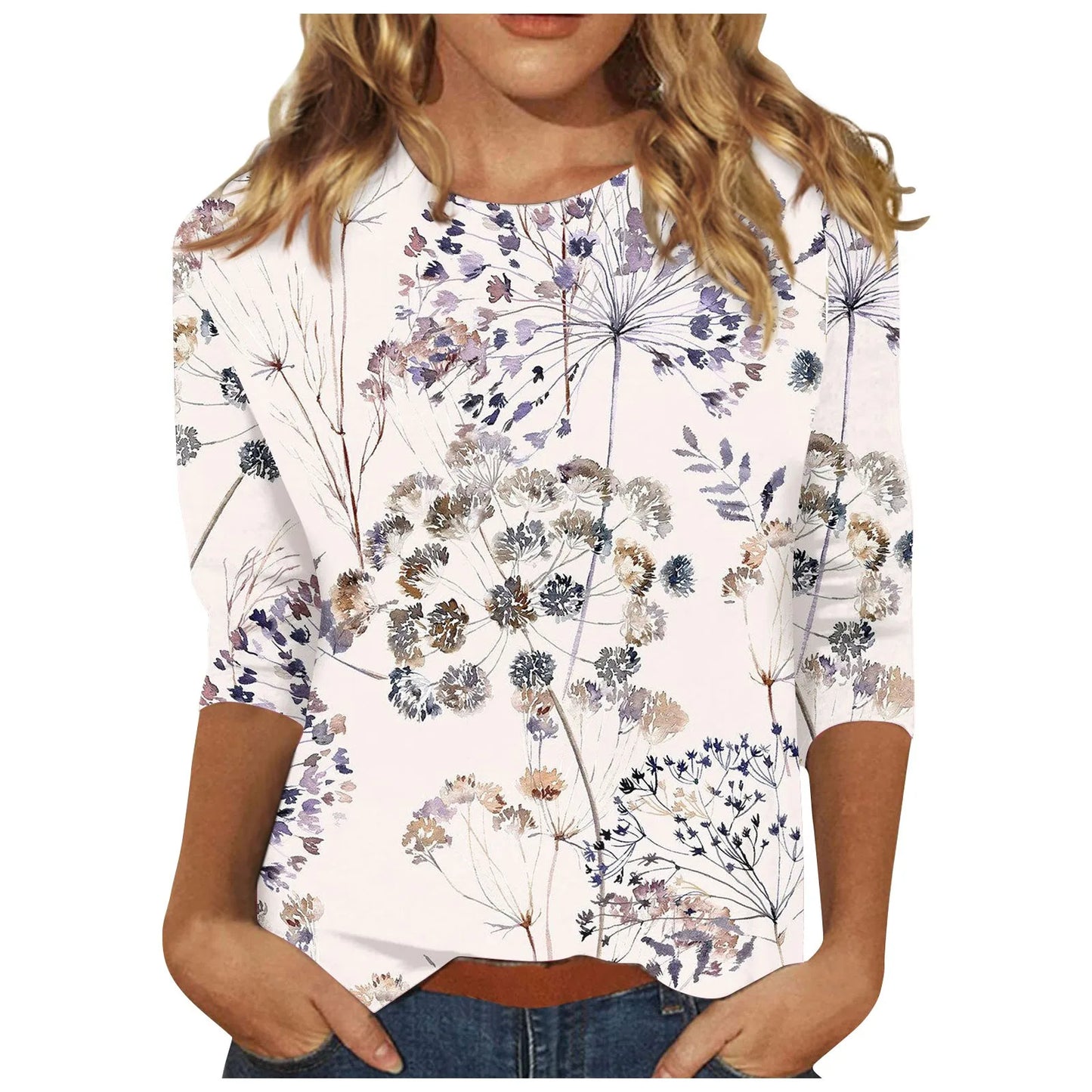 2024 Women Summer Tops Comfortable T Shirt Fashion Flower Print Round Neck 3/4 Sleeve Tops Soft Versatile Pullover Ropa De Mujer