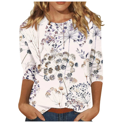 2024 Women Summer Tops Comfortable T Shirt Fashion Flower Print Round Neck 3/4 Sleeve Tops Soft Versatile Pullover Ropa De Mujer
