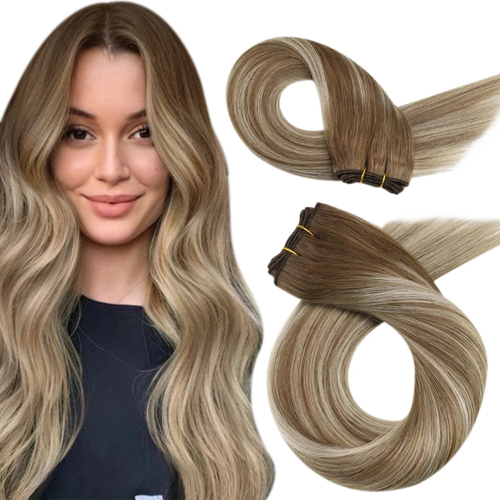 Moresoo Human Hair Bundles Weave in Double Wefted Machine Remy Hair Balayage Hair Pieces for Women Straight Weft Hair Extension