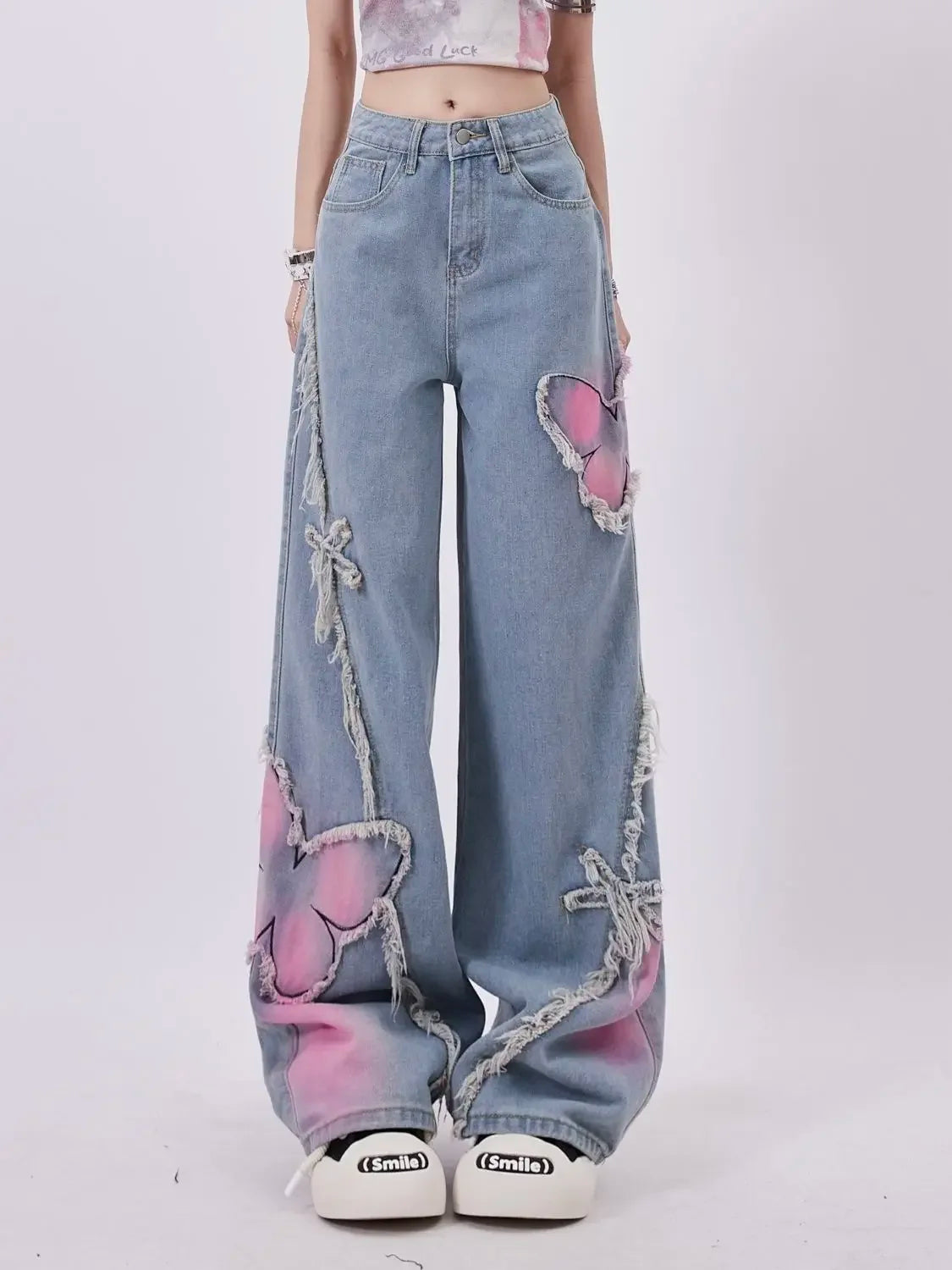 Denim Pants for Women Butterfly Gyaru Womens Jeans Embroidered 90s Loosefit 2025 Fashion Trousers Pant Cool Stretched Wide Leg Z