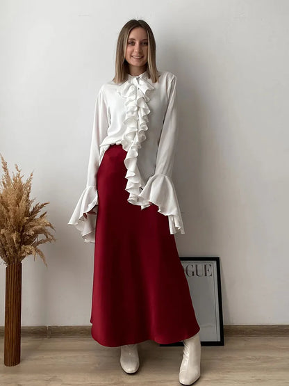 Long Black Satin Skirts Women For Work Summer Autumn Straight Brown Skirt Long Belt Coffee Formal Silk Maxi Skirt For Ladies