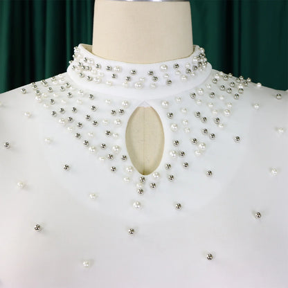 Elegant Dresses for Women O Neck Ruffles Sleeve Beaded Sheath Package Hips Mid Calf Luxury Birthday Party Dinner Vestidos Mujer