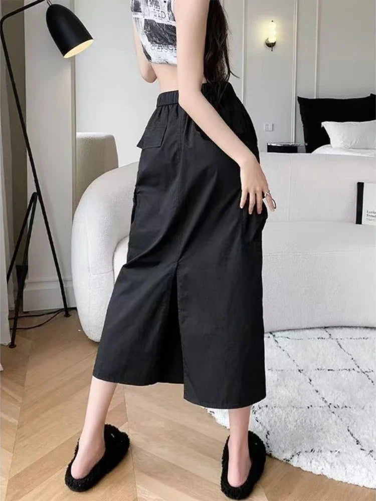 Skirts for Women Spring Summer Drawstring Workwear Half-body Skirt Split Mid-length Skirt Pure Color Package Hip One-Step Skirt