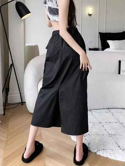 Skirts for Women Spring Summer Drawstring Workwear Half-body Skirt Split Mid-length Skirt Pure Color Package Hip One-Step Skirt