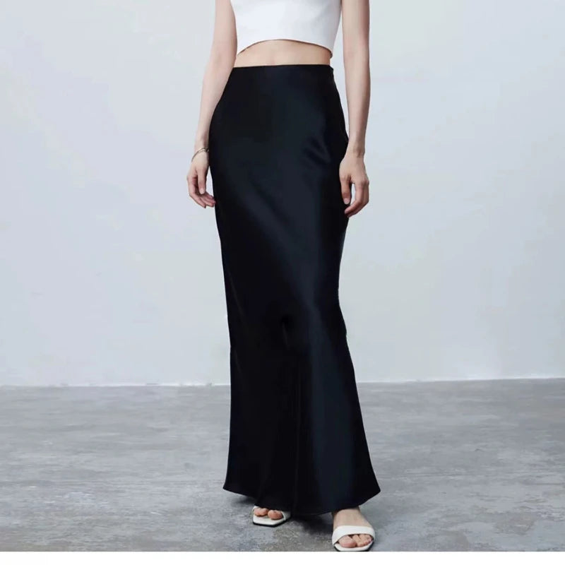 Long Skirts for Women High-waisted Thin Satin Acetate Silky Fishtail Skirt Korean Fashion Clothing Elegant Women's A-line Skirt