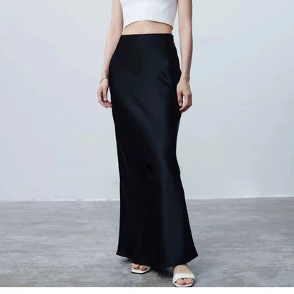 Long Skirts for Women High-waisted Thin Satin Acetate Silky Fishtail Skirt Korean Fashion Clothing Elegant Women's A-line Skirt