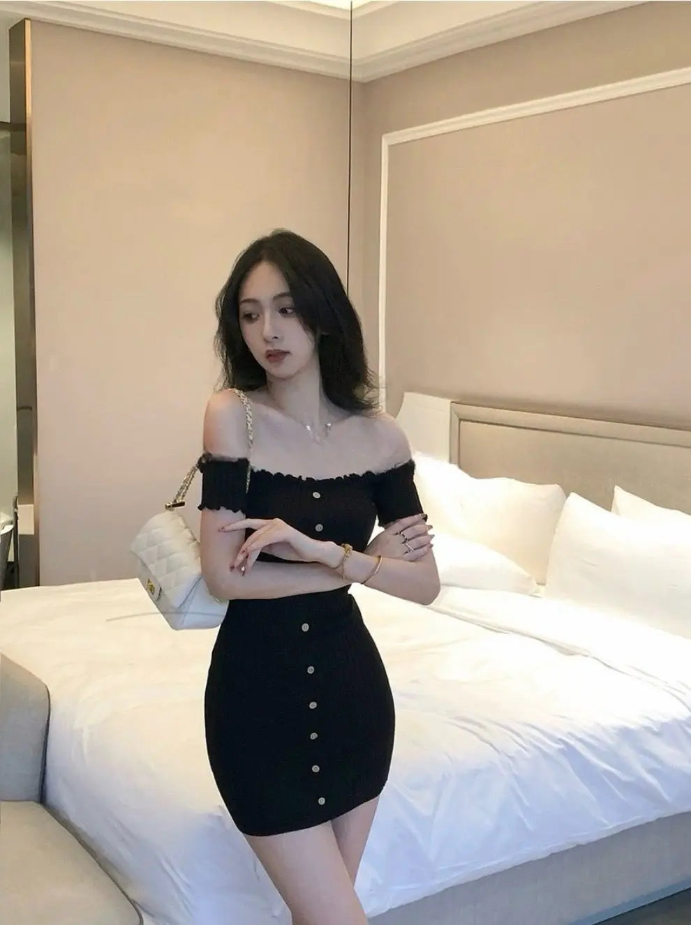 Woman Dress for Women 2025 Vestidos De Mujer Fashion Slash Neck Tunic Robe Femme Ruffles Bodycon Knitted Button Summer Dresses