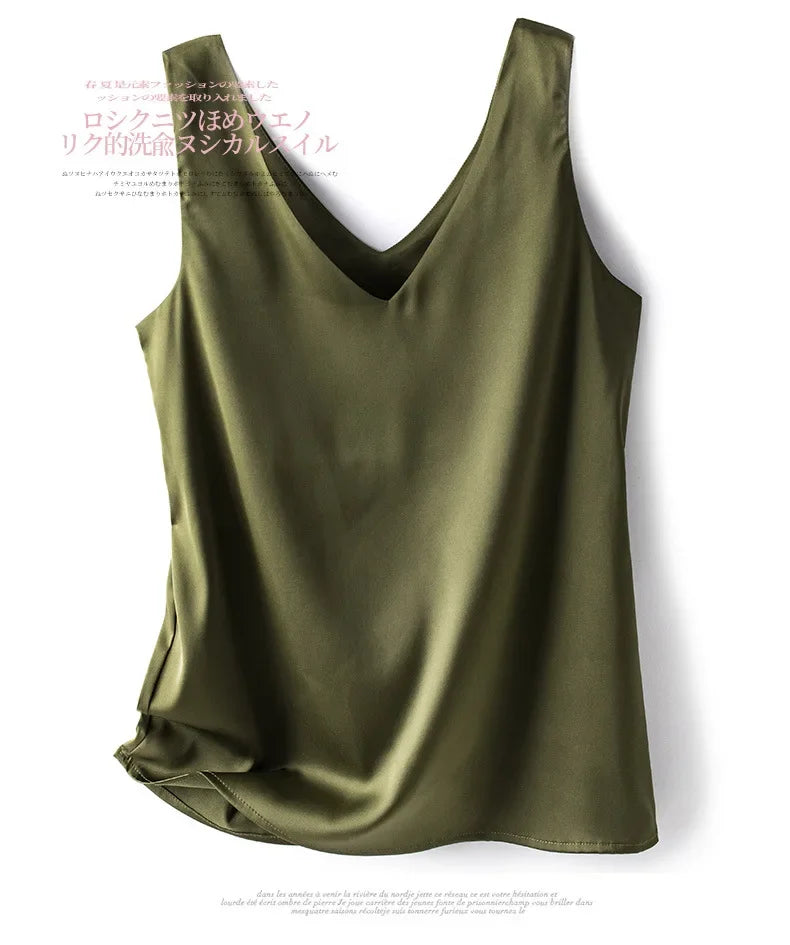 Woman T-shirts Elegant SILK Satin Blouse Sleeveless Female Summer 2023 Casual Loose Tanks and Camis Solid Green Tops for Women