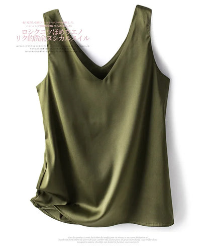 Woman T-shirts Elegant SILK Satin Blouse Sleeveless Female Summer 2023 Casual Loose Tanks and Camis Solid Green Tops for Women