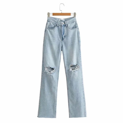 MiuKoMiYa Ripped Jeans For Women 2023 Streetwear Straight Denim Pants High Waist Long Denim Trousers Women Hollow Out Jeans