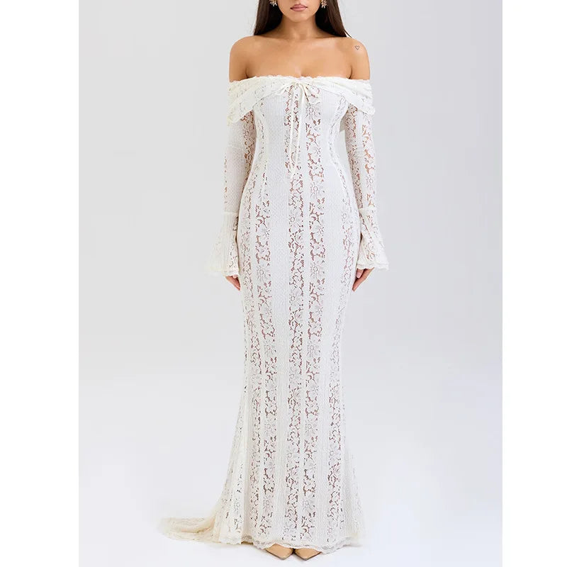 Women's Dresses New Sexy One-word Shoulder Lace Temperament Tube Top Long Dress Slim Fishtail Dress for Women
