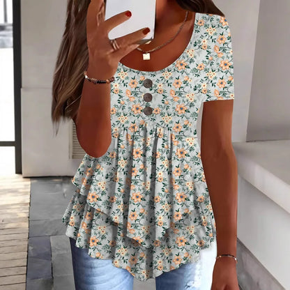 Women Summer Tops Tees Sexy Vintage Blouse Cotton Ruffles Short Sleeve Shirt Ruffles T Shirts Loose Casual Tees