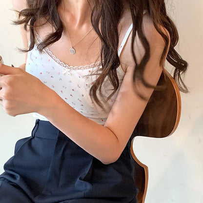 Women Tops Summer Girls Tops Short Slim Lace Sweet Print Crop Top Ladies Bottoming Cute Tops Top Mujer Top Femme