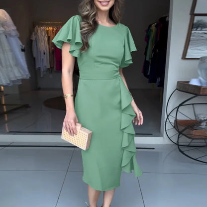 Elegant Dresses for Women Short Sleeves Pleated Hem Slim Fit Dress Summer Solid Color Elegant Pleated Hem A-Line Women's Dress