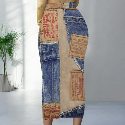 Womens Long Cotton Patchwork Stretch Denim Skirt a Line Flared Jean Maxi Skirt
