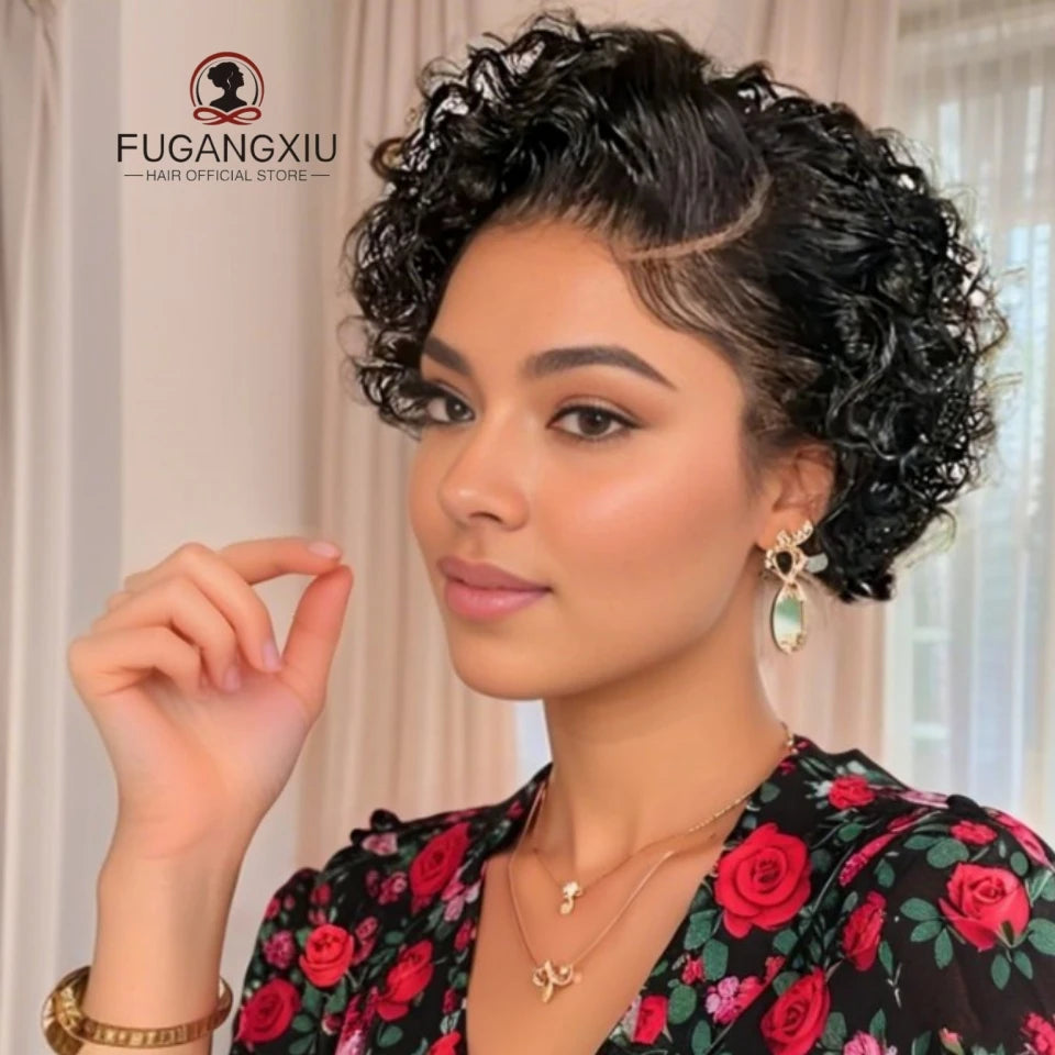 FUGANGXIU-Pixie Cut Wig  180% Density Lace Front Water Wave Wig 13X4 Full Lace Wig Bob Wig Human Hair Wigs For Women Pre Plucked