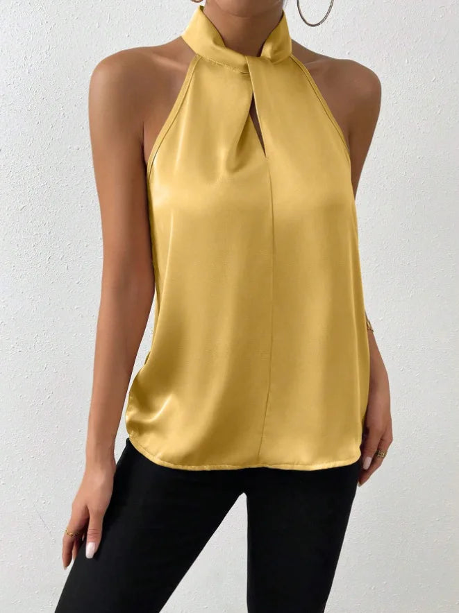 2025 Women's Tanks Top Camis Hanging Neck Strap Design Satin Gloss Loose Sleeveless Blouses Blusas Mujer Moda Black Sexy Shirt