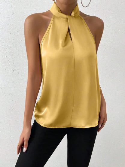 2025 Women's Tanks Top Camis Hanging Neck Strap Design Satin Gloss Loose Sleeveless Blouses Blusas Mujer Moda Black Sexy Shirt