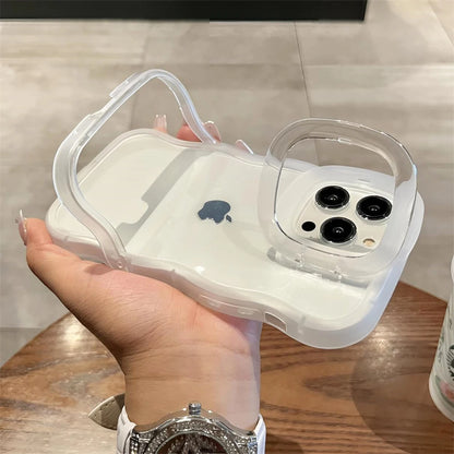 2IN1 Folding Stand Wave Clear Phone Case For iPhone 16 15 11 12 13 14 Pro Max X XR Fashion 3D Curly Shockproof Protective Cover