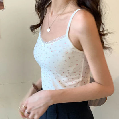 Women Tops Summer Girls Tops Short Slim Lace Sweet Print Crop Top Ladies Bottoming Cute Tops Top Mujer Top Femme