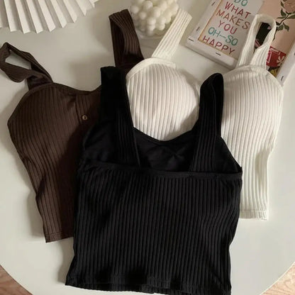 Woman's Top With Built In Bra Button Padded Bra Lady's Top Strap Vest Tank Top Summer Girls Cute Women Casual Female Camisole