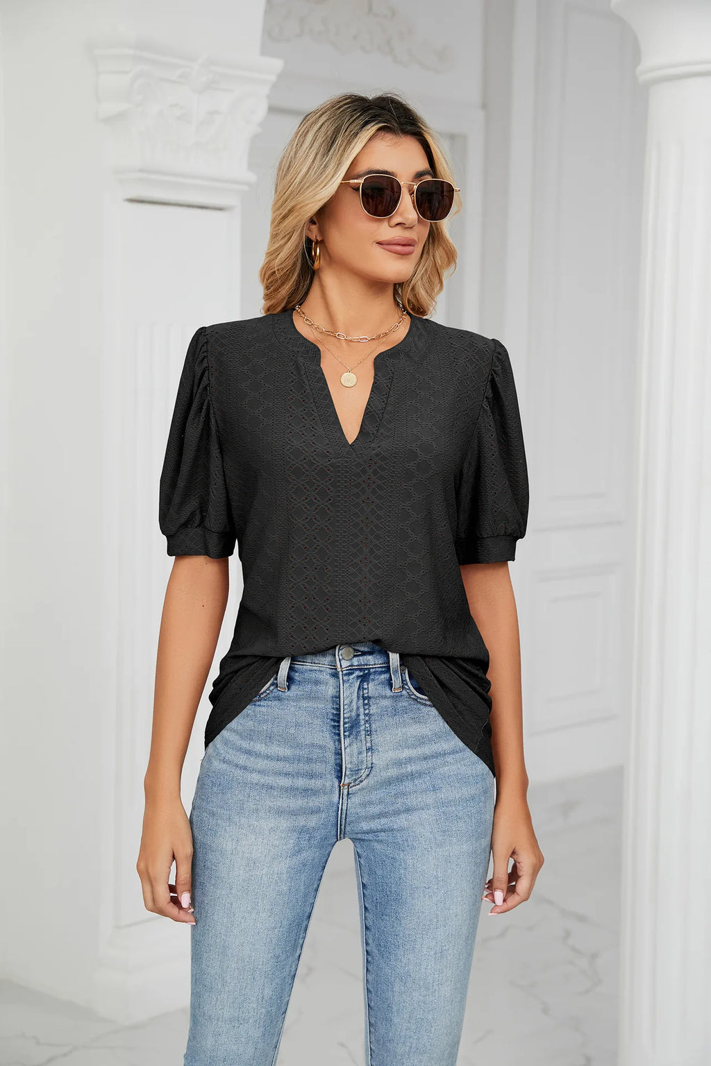 Womens Tops V Neck Ruffle Sleeve Blouses Short Sleeve Casual Tops T-Shirts for Women Autumn Winter