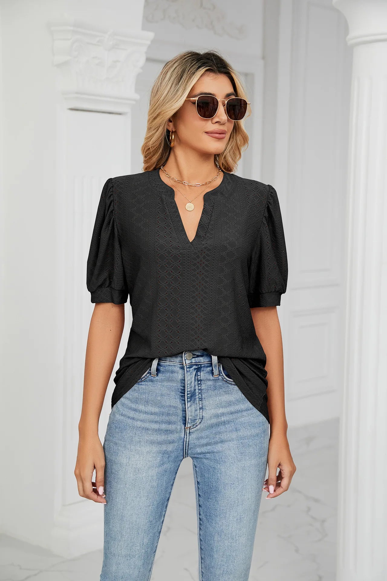 Womens Tops V Neck Ruffle Sleeve Blouses Short Sleeve Casual Tops T-Shirts for Women Autumn Winter